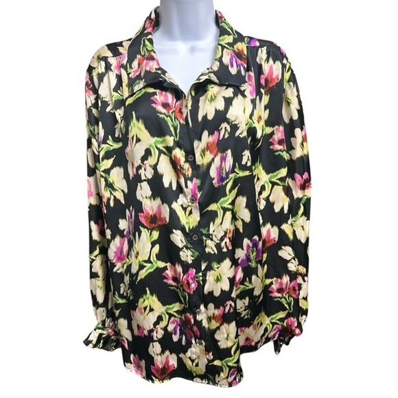 Vince Camuto 2X Top Elegant Black Floral Button Up Sleek Polyester Ruffle Cuffs - Picture 1 of 5